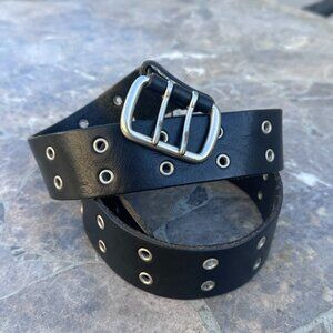 Vintage Old Navy Leather Double Prong / Grommet Solid Brass Belt Black - M